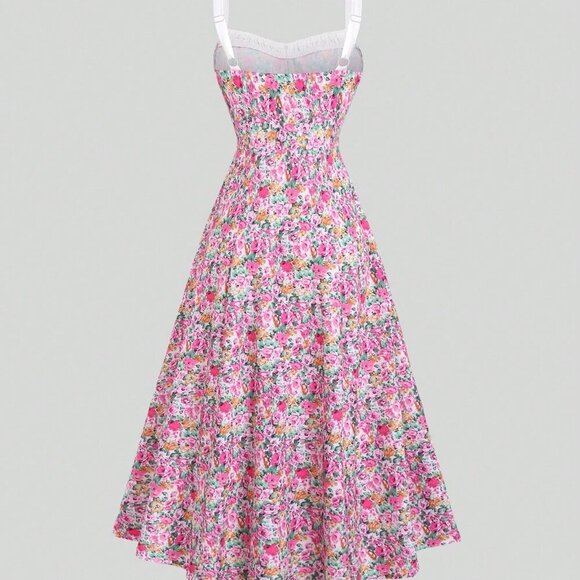 Pink Boho Women's Spaghetti Strap Ditsy Floral & Satin Patchwork Dress - Picture 3 of 7